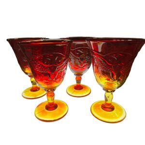 VTG LE Smith Amberina Eagle and Shield Glass Wine Goblet Glass SET of 4 GLOWS